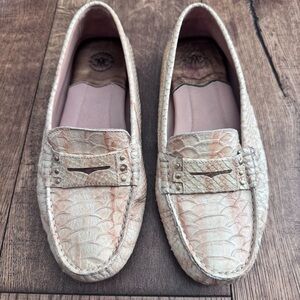 Johnston & Murphy Maggie Penny Driver Loafers - Taupe Snake Print Moccasin Sz 7
